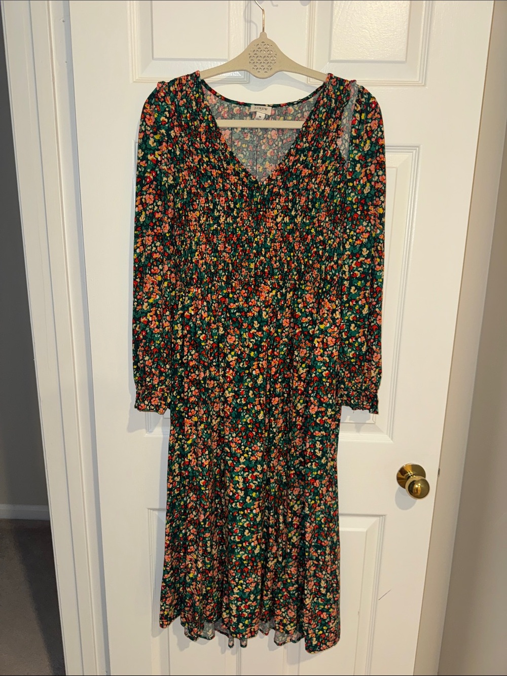 J. Crew Dark Green Floral Long-Sleeve Midi Dress